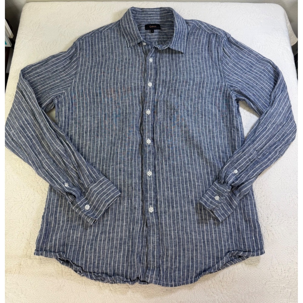 Quince Mens Large Blue White Striped 100% European Linen Long Sleeve Shirt L